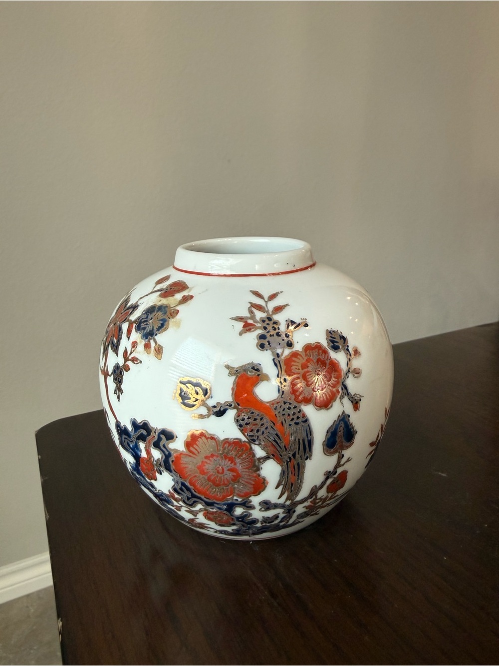 Vintage Floral And Pheasant Imari Ginger Jar Vase Gold Accents